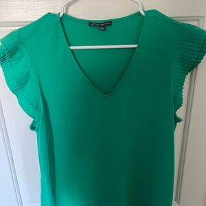 Adrianna Papell Green V-Neck Blouse with Pleated Flutter Sleeves